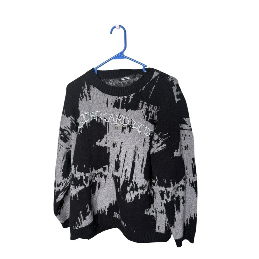 TIDE CARD LOG Black Gray Glitch Abstract Knit Crewneck Sweater Large Streetwear